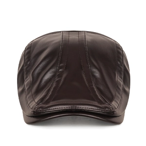 Men's winter faux leather flat cap in dark brown with warm ear flaps and adjustable strap