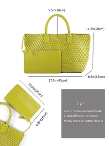 Stylish lime green woven leather tote bag with matching pouch, large capacity luxury handbag.