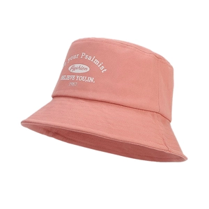 Pink bucket hat with white text embroidery in soft cotton for summer outdoor sun protection