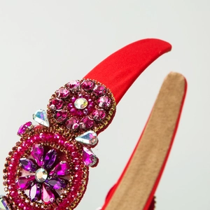 Padded red satin headband with intricate colorful crystal flower embellishments for women