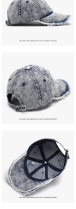 Detailed views of vintage washed blue denim baseball cap with distressed edges and metal buckle