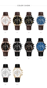 Selection of ten quartz watches for men with three-eye dials and leather straps