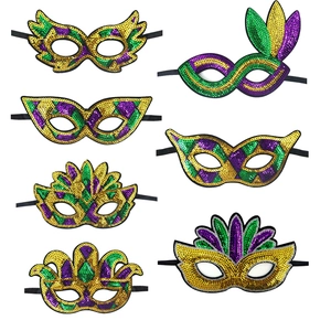 Lot de sept masques de Mardi Gras en paillettes violet or et vert avec élastiques