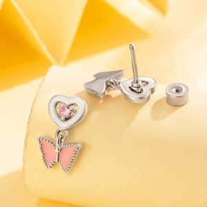 Pink heart and butterfly screw back cartilage earrings in polished silver steel