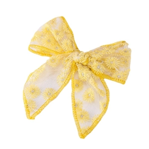 Handcrafted yellow embroidered mesh bow hair clip for girls with elegant floral patterns