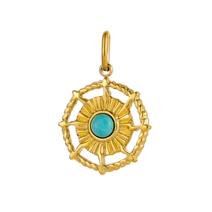 Detail showing a golden round compass pendant with turquoise inlay and rope texture