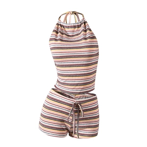 Detail of multi-color striped knit two-piece set featuring halter top and drawstring shorts