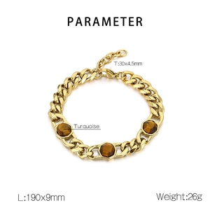 Detail view of gold Cuban link bracelet with turquoise stones and size parameters