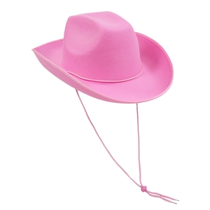 Klassischer rosa Western-Cowboyhut mit breiter Krempe und Kordelzug auf weißem Hintergrund