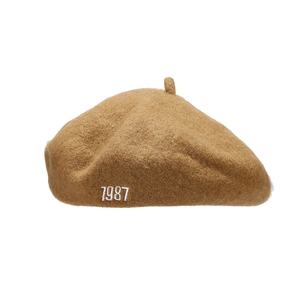 Brown wool beret with white 1987 embroidery, minimalist retro painter hat for women