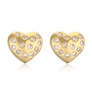 Minimalist 18K gold plated copper heart stud earrings with sparkling zircon stones