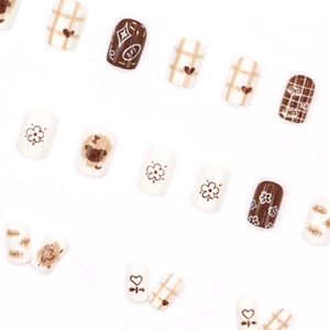 Kit de 24 faux ongles à presser motif ours brun et nœud à carreaux pour l'automne