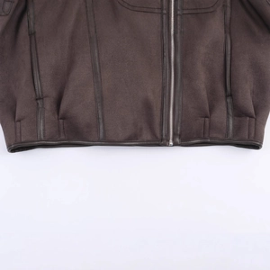 Deep brown suede jacket with silver metal zipper and reinforced leather trim hem