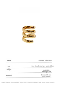 Detail specifications of gold-plated brass bamboo spiral ring with dimensions and weight