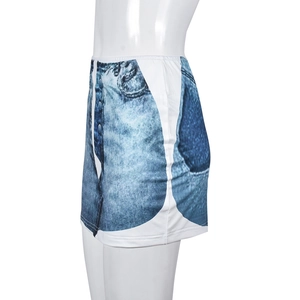 Detail of digital denim texture print on slim fit mini skirt with elastic waist