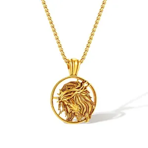 Men's Stainless Steel Jesus Christ Crown Of Thorns Round Medallion Pendant Necklace Religious Retro Punk Jewelry