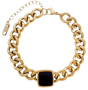 Detail of 18K gold chunky chain necklace with black enamel square pendant and lobster clasp
