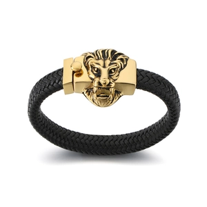 Men's punk braided leather bracelet featuring a golden lion head and steel clasp