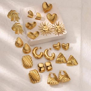 Vintage Stainless Steel Gold Earrings For Women Geometric Heart Sun Face Striped Metal Textured Stud Hoop Jewelry