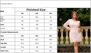 Größentabelle mit Maßen in CM und Zoll für ein besticktes Spitzenkleid in Übergröße