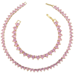 Pink Heart Necklace Bracelet Set Copper Micro Inlaid Zircon Rhinestone Jewelry Light Luxury Trendy Women Fashion Accessory