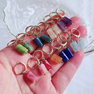 Natural crystal stone cylinder drop earrings with gold hoops in various colors