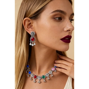 Retro Bohemian Necklace And Earrings Colorful Rhinestone Flower Tassel Ethnic Alloy Jewelry With Silver Earring Post