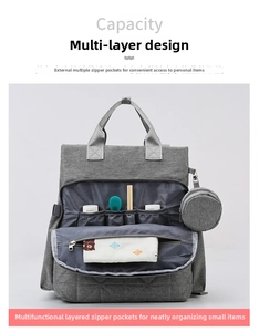 Detailed macro view of gray diaper bag showing multi-layered storage and elastic dividers