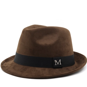 Suede Fabric Fedora Hat Retro British Style Jazz Panama Cap With Ribbon And Metal Letter Decoration For Men And Women