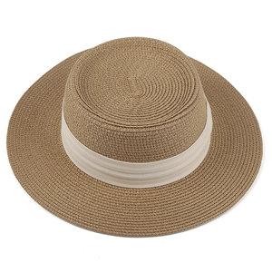 Classic flat top straw sun hat with wide brim and elegant off-white ribbon decor