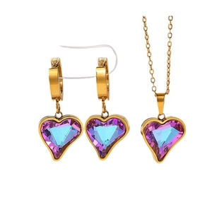 Golden heart jewelry set with colorful gradient crystal necklace and hoop earrings