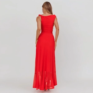 Elegant red sleeveless maxi dress with a slim fit waist and slit design on white background