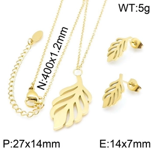 Detailed view of gold leaf jewelry set with chain and earring dimensions labeled