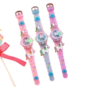 3D cartoon unicorn kids digital watch with colorful silicone strap and rainbow LED display