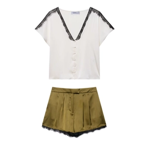 Damen Satin Hemd Und Shorts Spitzenbesatz V-Ausschnitt Kurzarm Knopfleiste Lässig Lounge Nachtwäsche Elegant