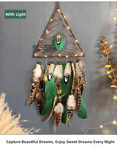 Close-up of triangle dream catcher with LED lights and green brown feathers