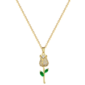 Luxurious gold rose pendant necklace with sparkling diamonds and green crystal leaves