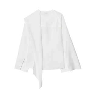 Minimalist white long-sleeve blouse featuring asymmetrical pleated front and round neckline