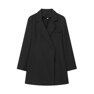 Detail of elegant black blazer jacket featuring a notched lapel and single-button closure