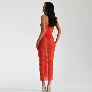Red lace see-through maxi dress with backless mesh patchwork and slim fit design