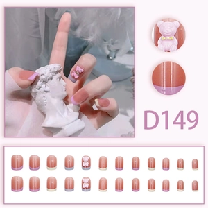 Sweet French press-on nails with 3D pink bears and colorful tips in 24-piece set