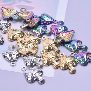 Rainbow and metallic mushroom pendants in gold and silver stainless steel finishes