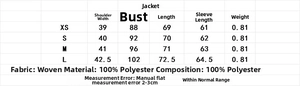 Size chart for commuter blazer jacket listing shoulder, bust, and sleeve measurements