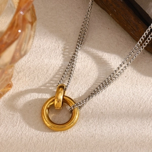 Minimalist Two-Tone Stainless Steel Double Chain Necklace With Interlocking Double Rings 18K Gold Plated Trendy Jewelry Women