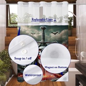 Detail showing snap-in replaceable liner and waterproof gothic shower curtain with magnets