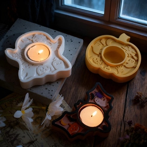 Halloween candle holder mold set featuring ghost pumpkin and bat shapes for resin DIY