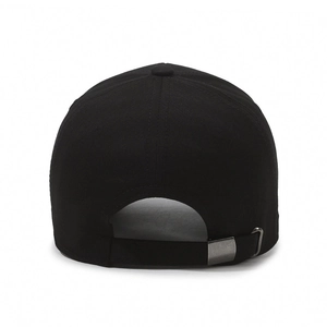 Rear view of black baseball cap for men with adjustable metal buckle and six-panel design