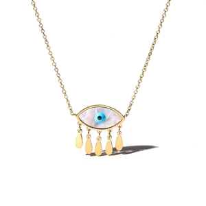 Gold evil eye pendant necklace with white shell inlay and blue accents on white background