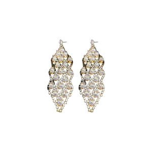 Elegant gold-tone hollow leaf chandelier earrings with sparkling cubic zirconia on white background