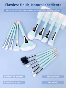 Detail of 15 professional gradient bristles makeup brushes with mint green handles